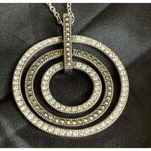 Lavish by TJM Sterling Silver Circles Pendant Necklace Crystal & Marcasite